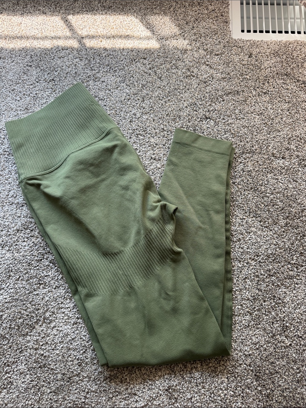 Kids Olive Green Ribbed Waist Leggings